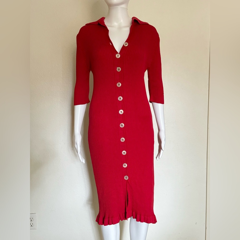 Giorgio Di Mare Women's Slim Fit Knitted Collar Buttoned Red Dress